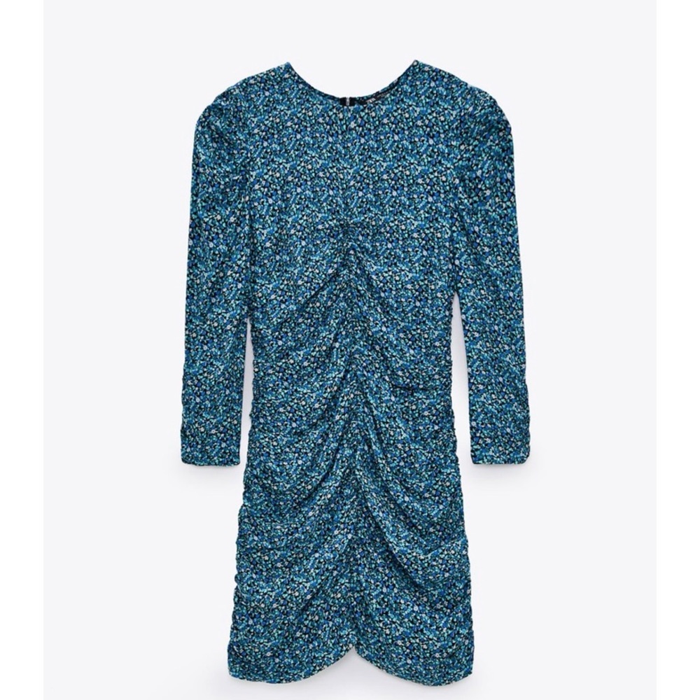 Zara Blue Ruched Long-Sleeve Mini Dress